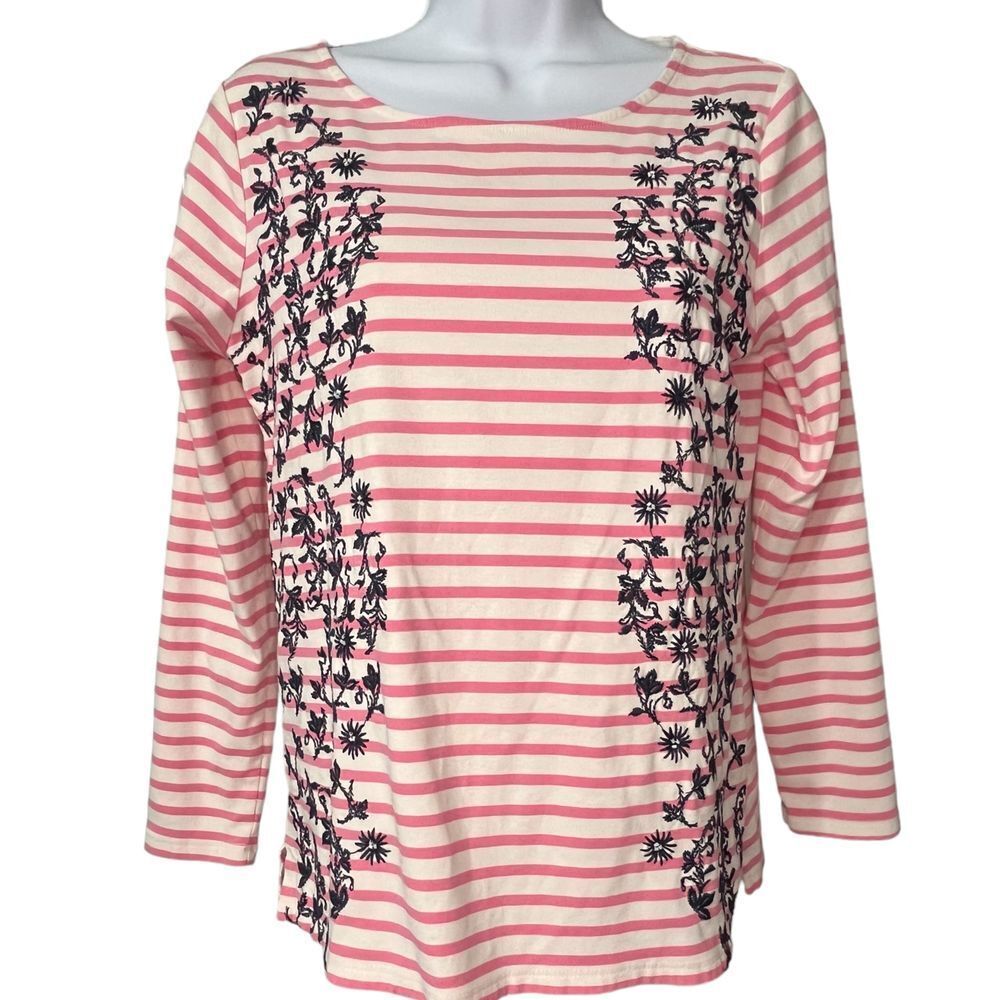Peck & Peck White w Pink Stripes Embroidered Long‎ Sleeve Cotton Top  Sz S